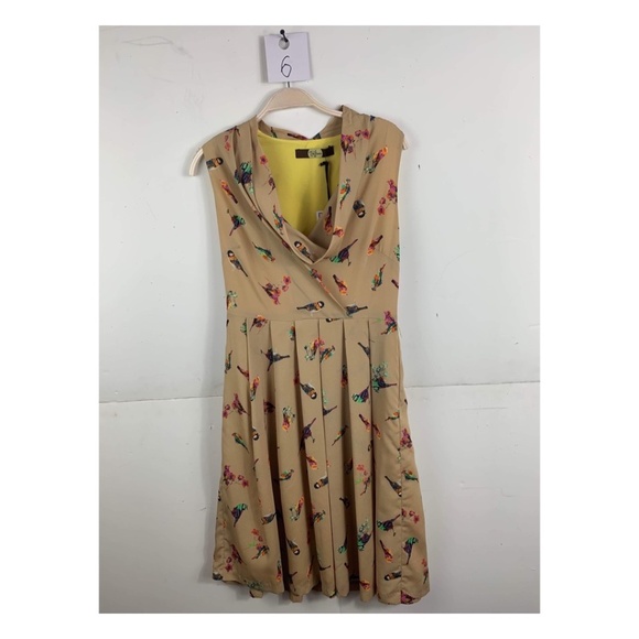 Anthropologie Eva Franco Mustard Yellow V-neck Multicolored Bird Print Dress